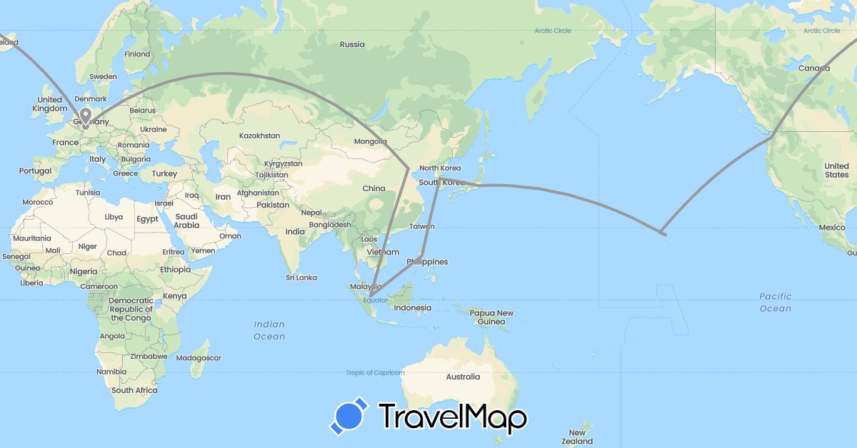TravelMap itinerary: driving, plane in China, Germany, Japan, South Korea, Philippines, Singapore, United States (Asia, Europe, North America)